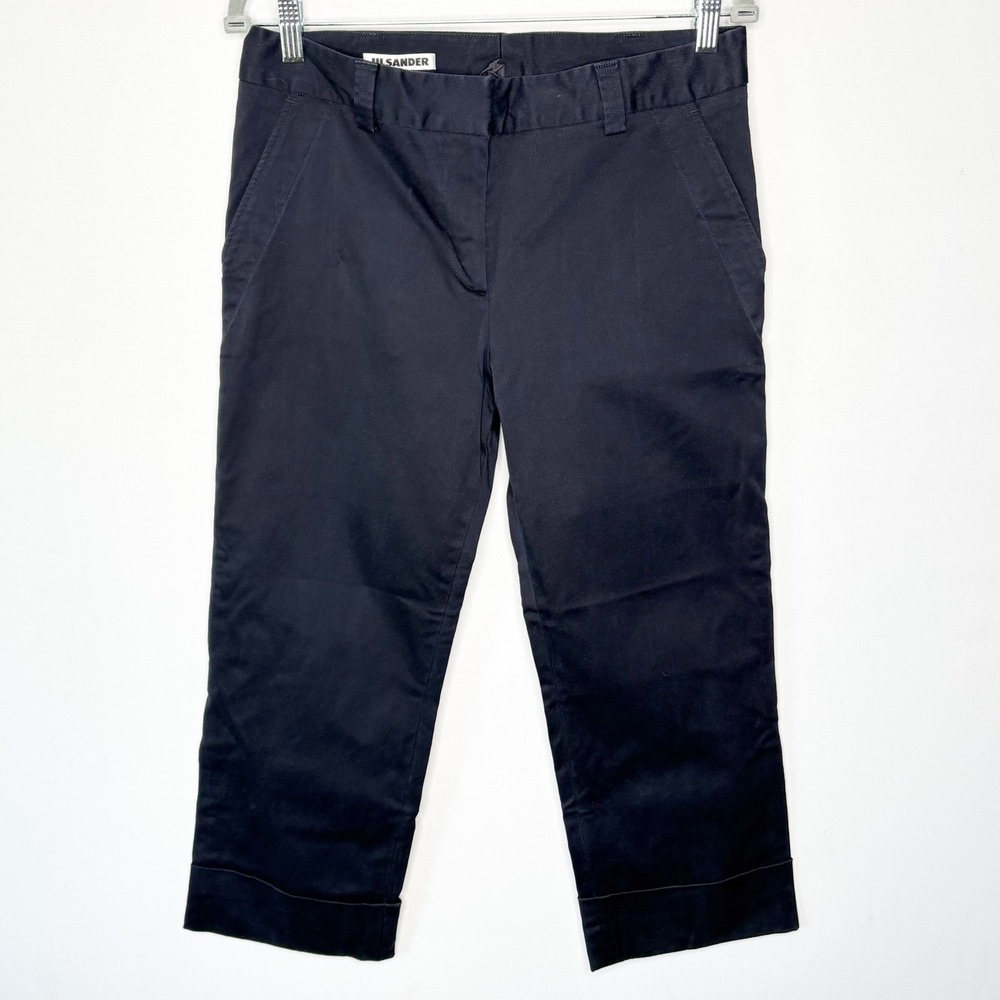 Jil Sander Navy Blue Cotton Stretch Cropped Cuffed Trousers Pants IT40/Medium